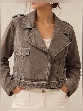 Sadie & Sage Corduroy Moto Jacket Taupe Cropped Belted Biker Jacket Size Large